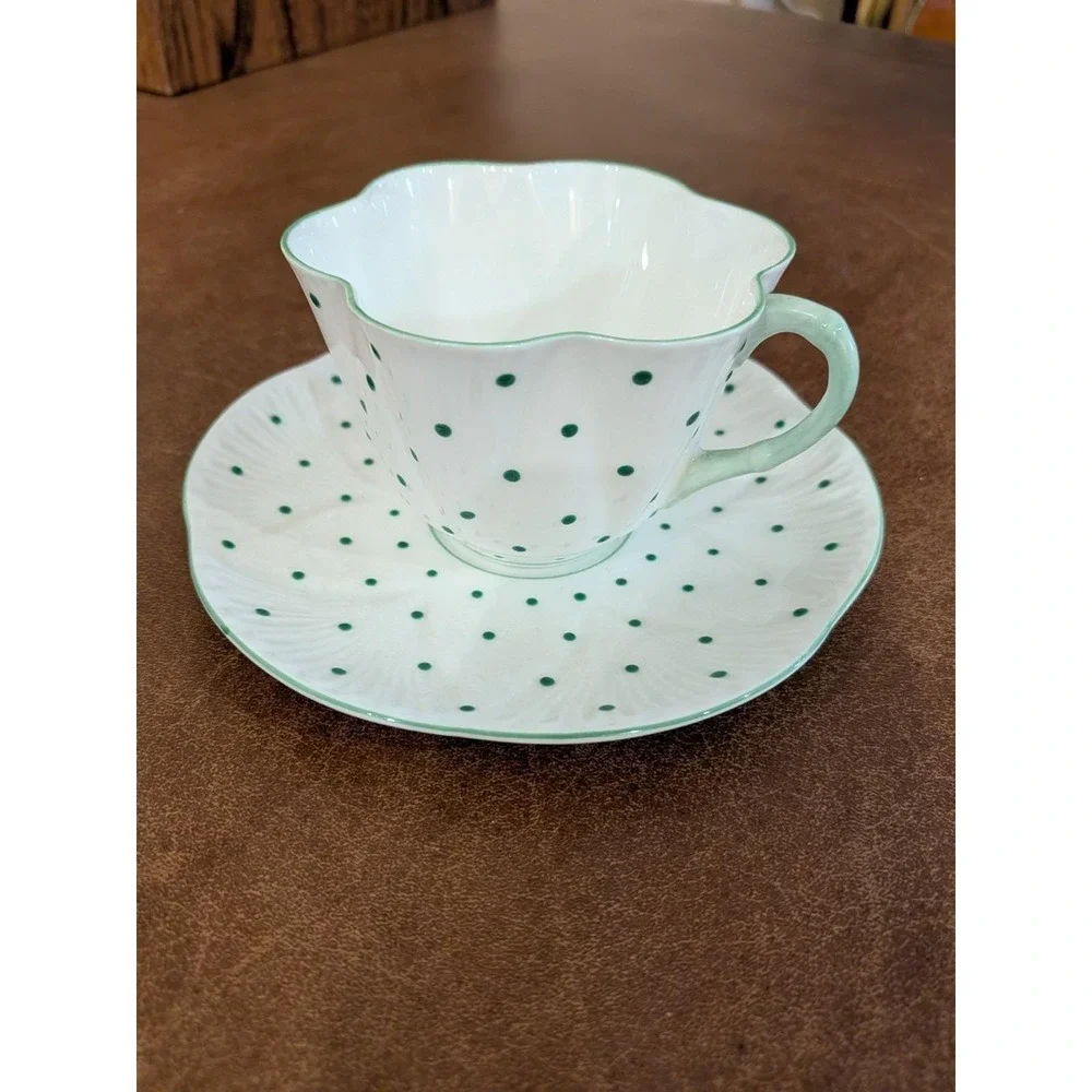 Shelley England Dainty Green Polka Dot Teacup and Saucer Fine Bone China 13748